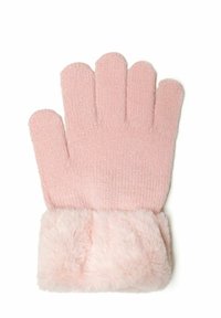 Gants roses tricotés avec un doux poignet en fausse fourrure. Comprend cinq doigts et une surface texturée. Design global confortable.