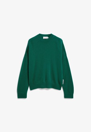 Donkergroen gebreid truien met lange mouwen, met een geribde ronde hals, boorden en onderkant, en een klein wit merklabel aan de linkerkant van de zijnaad.