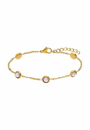 Delicaat gouden kettingarmbandje met drie ronde witte stenen gezet in goud en een karabijnslot met verstelbare schakels.