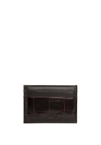 Dark brown leather cardholder with a croc-embossed texture, featuring multiple card slots and stitched edges for durability.