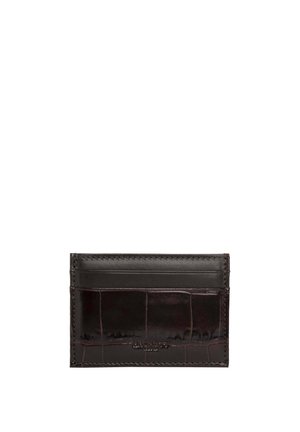 Dark brown leather cardholder with a croc-embossed texture, featuring multiple card slots and stitched edges for durability.