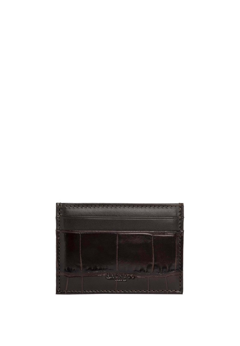 Dark brown leather cardholder with a croc-embossed texture, featuring multiple card slots and stitched edges for durability.