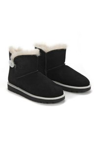 Botas de tobillo de ante negro con forro de piel sintética blanca, puntera redondeada y un acento de botón blanco. Presenta una suela de goma texturizada para mayor agarre.