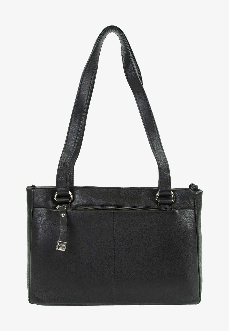 Borsa a mano in pelle nera con una texture liscia, dotata di due tracolle, una parte superiore con zip e una tasca frontale. Design minimalista, forma rettangolare.