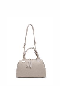Borsa beige con un design a righe diagonali testurizzate. Include doppi manici, una tracolla lunga e dettagli in metallo dorato. Accenti in pelle liscia.