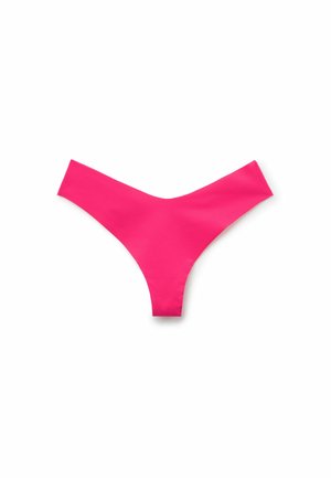 Pink thong underwear made of smooth fabric. Features a V-shaped front and minimal rear coverage. No prominent patterns or hardware.