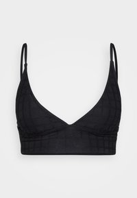 Zwarte bralette met een gestructureerd patroon, driehoekige cups, dunne verstelbare bandjes en een gladde afwerking. Ideaal voor comfort en dagelijks gebruik.