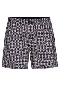 Gepaterneerde boxers in marineblauw en lichtroze, met een geometrisch driehoekpatroon. Elastische tailleband met een drieknops vliegenluiting.