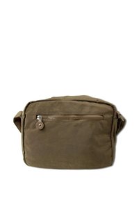Olivgrüne Stofftasche mit einer Reißverschlusstasche vorne, rechteckiger Form und verstellbarem Schulterriemen. Verfügt über robuste Nähte und minimale Hardware.