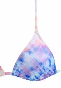 Driekhoek bikini-top in een tie-dye patroon met tinten roze, lavendel en blauw. Zachte stof met vrouwlijf gemaakte randen en verstelbare schouderbandjes.