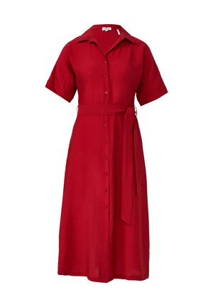 Red, knee-length dress with short sleeves, button-down front, and matching belt. Soft texture, collared neckline with a relaxed fit.