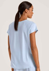 Hellblaues T-Shirt mit kurzen Ärmeln und rundem Halsausschnitt, glatte Textur und Raglanärmel. Zeigt die Rückansicht mit lockerer Passform.