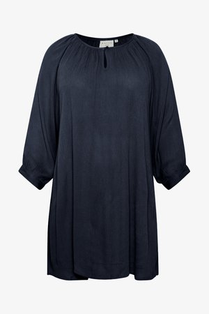 Navyblauwe blouse van lichtgewicht stof, met een ronde halslijn met een sleutelgatuitsnede en driekwart mouwen.