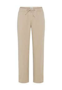 Light beige, breathable pants with an elastic waistband, drawstring detail, and straight-leg design. Lightweight fabric with a textured appearance.