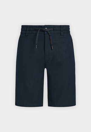Short bleu marine longueur genou avec taille élastique, cordon noir, passants de ceinture et fermeture avant par bouton, présenté sur un fond uni.