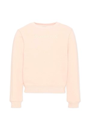 Sweat-shirt rose clair à manches longues avec poignets et ourlet côtelés, présentant un texte discret en écriture blanche sur la poitrine.