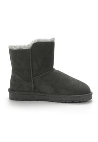 Dunkelgraue Wildleder-Stiefelette mit einem weichen Kunstfellfutter und einer abgerundeten Zehenpartie. Flache Gummisohle mit Traktionsdetails, die minimalistische Nähte aufweist.