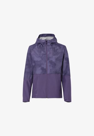 Casaco impermeável roxo com capuz, apresentando uma textura lisa, fecho de correr e uma parte inferior mais escura em contraste. Design leve e respirável.