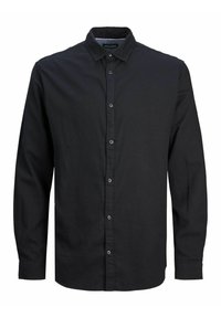 Chemise noire à manches longues avec col, boutons visibles sur le devant et ourlet droit.