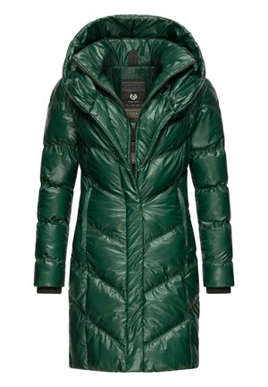 Long green puffer coat with a glossy finish, a large hood, zip closure, and chevron quilted pattern. Includes ribbed cuffs for warmth.