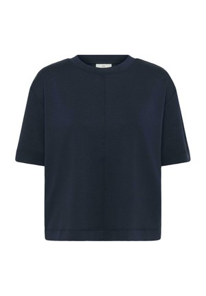 Tengerészkék rövid ujjú környakú póló egyenes szegéllyel és középső varrással az elején.