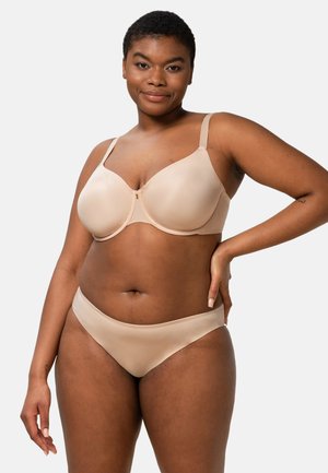 Nackte Unterwäsche mit glatter Textur, vorgeformten Körbchen und verstellbaren Trägern. Der BH verfügt über einen Reißverschluss vorne in der Mitte als Akzent.
