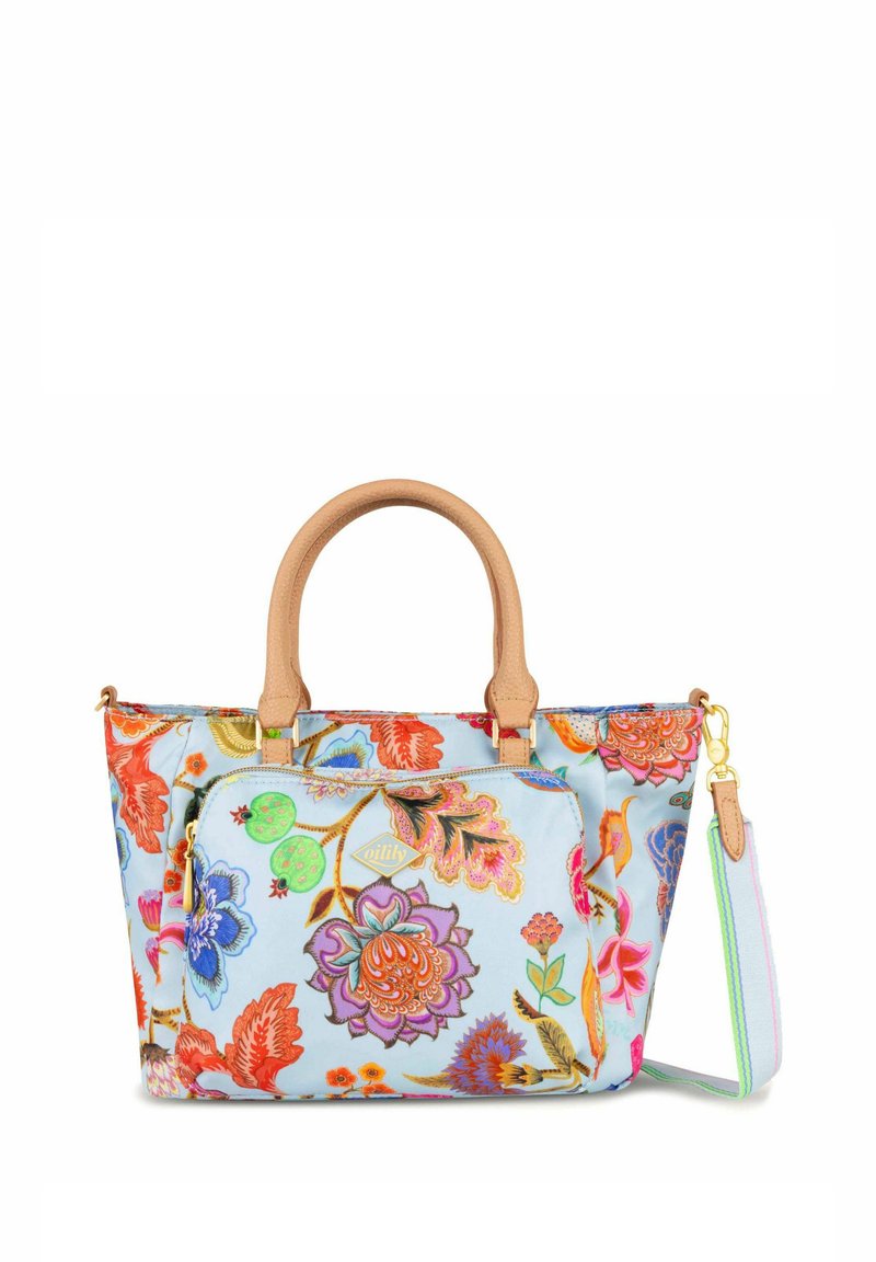 Tote bag met bloemenpatroon op een lichtblauwe achtergrond, leren handvatten, een ritsvak aan de voorkant en een kleurrijke verstelbare schouderband.