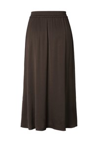 Jupe midi marron à taille élastique, tissu fluide et ample, design simple et sans motif.