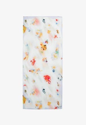 Leichter Stoffschal mit weißem Hintergrund und bunten, abstrakten Mustern von Meerestieren, Blumen und verschiedenen Objekten.