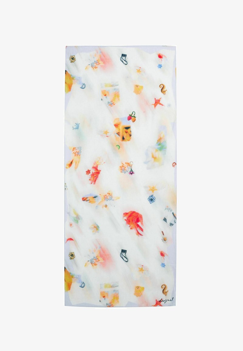 Ľahký šál z látky s bielym pozadím a farebnými, abstraktnými vzormi námorných tvorov, kvetov a rôznych predmetov.