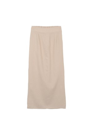 Gonna midi beige con taglio dritto e vita elasticizzata arricciata, realizzata in tessuto leggero.