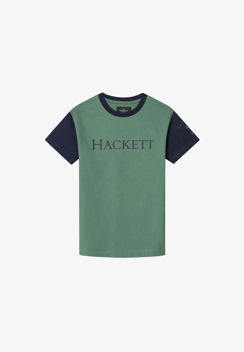 Camiseta de algodón verde con mangas cortas en azul marino. Presenta el logo "HACKETT" en impresión oscura en el pecho. Diseño de cuello redondo.
