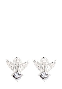Boucles d'oreilles en forme d'ange en argent avec une pierre claire centrale. Des ailes détaillées et des traits du visage complètent le design raffiné.