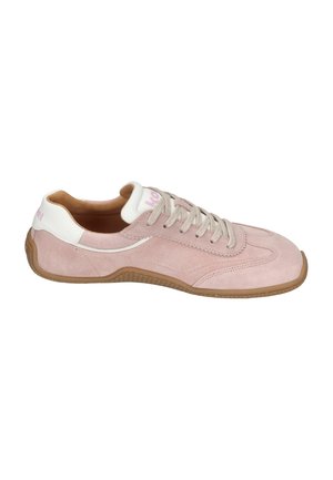 Light pink suede sneaker with beige laces, white heel tab, brown sole, viewed from the side on a plain white background.