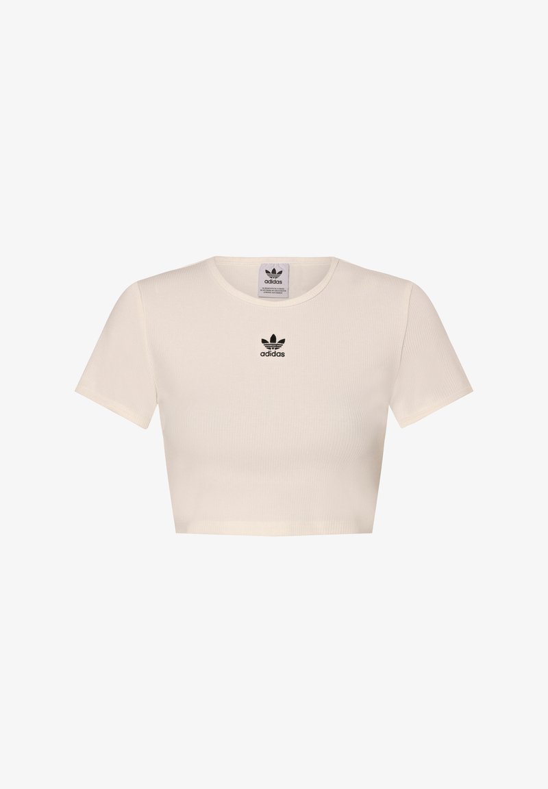 Tricou alb, cu mâneci scurte, din material ribbed, tăiat, având un logo Adidas negru în centru, deasupra gâtului.