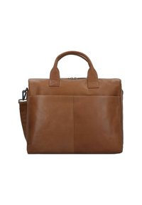 Borsa per laptop in pelle marrone con doppi manici superiori, una tracolla staccabile e una tasca sul fronte. Texture liscia e design minimalista.