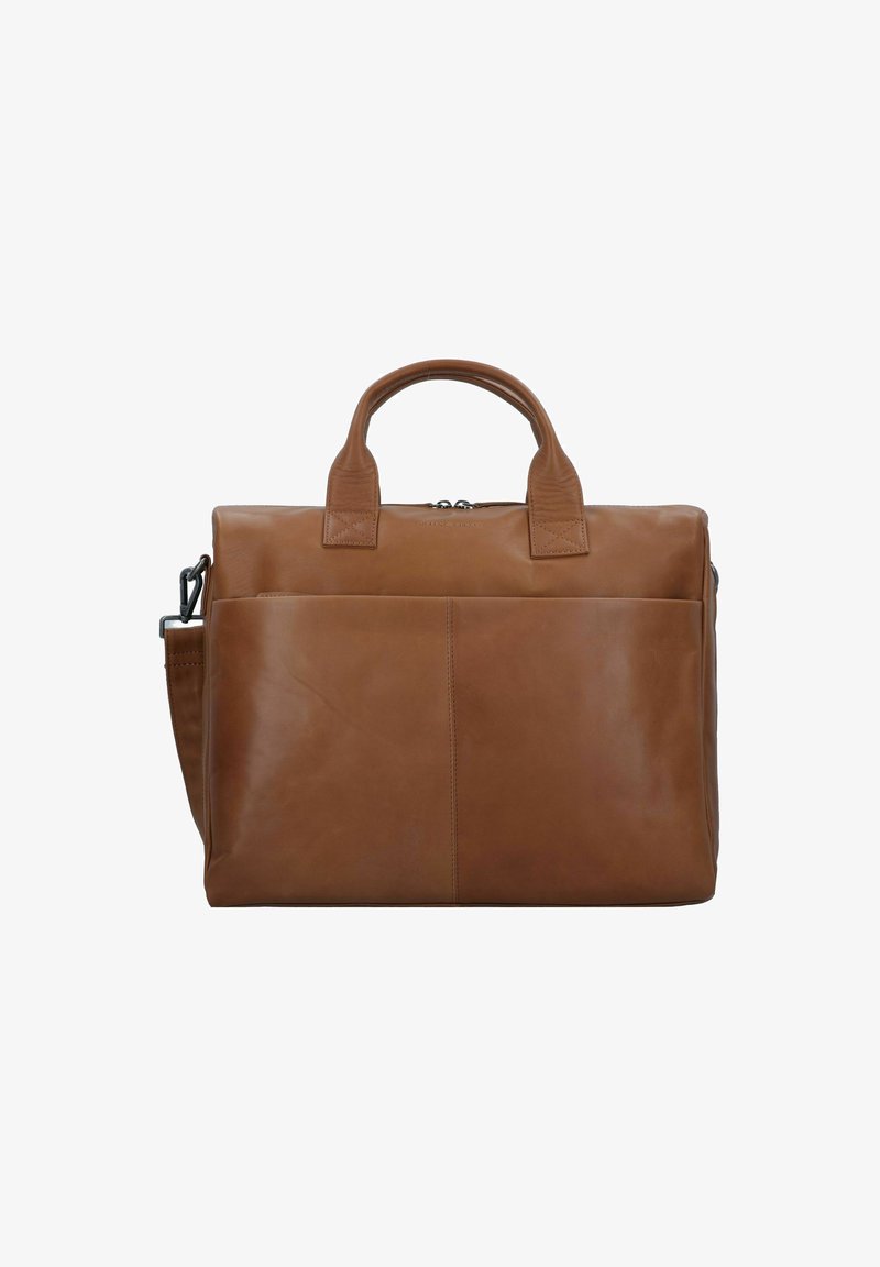 Borsa per laptop in pelle marrone con doppi manici superiori, una tracolla staccabile e una tasca sul fronte. Texture liscia e design minimalista.