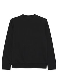 Sudadera negra de manga larga, con cuello redondo acanalado y cinturilla. Textura suave, costuras mínimas y sin logotipos ni gráficos visibles.