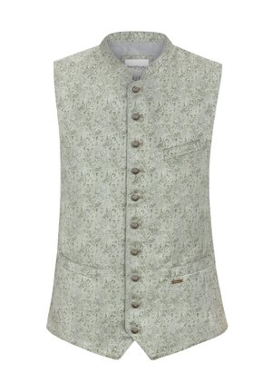 Sleeveless vest made of light green fabric with a paisley pattern, featuring a high collar, five buttons, and two side pockets.