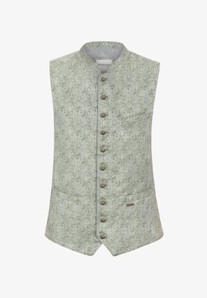Sleeveless vest made of light green fabric with a paisley pattern, featuring a high collar, five buttons, and two side pockets.