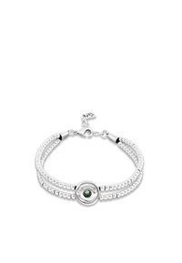 Pulsera de plata con dos hilos de cuentas redondas, centrada con un detalle circular que contiene una piedra verde. Cierre ajustable.