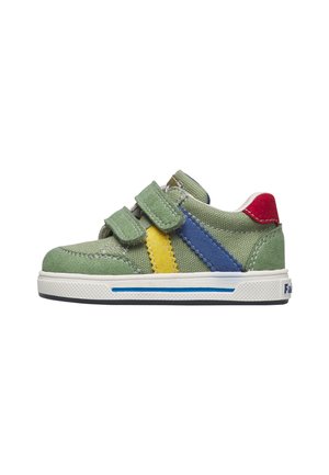 Green children's sneaker with yellow and blue side stripes, red heel detail, dual Velcro straps, and white rubber sole with blue accent.