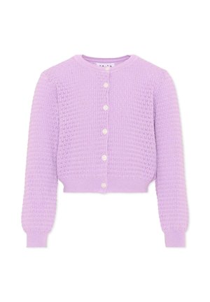 Cardigan tricoté lilas avec manches longues, col rond, fermeture boutonnée devant et poignets et ourlet côtelés.
