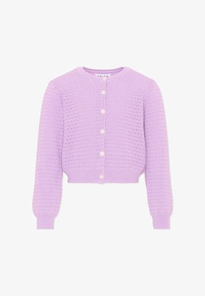 Cardigan lilla lavorato a maglia con maniche lunghe, scollo rotondo, chiusura frontale con bottoni e polsini e orlo a coste.