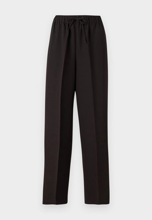 Pantaloni negri, cu picioare largi, cu un tiv elastic și șnur ajustabil. Realizați dintr-un material neted, ușor, fără modele vizibile.