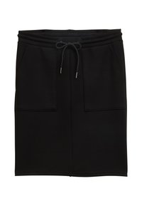 Jupe noire jusqu'aux genoux avec taille élastique, cordon de serrage à l'avant et deux grandes poches plaquées.