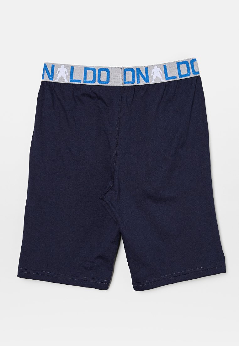 Shorts bleu marine en tissu doux, dotés d'une ceinture élastique grise avec des lettres bleues. Design simple sans motifs supplémentaires.