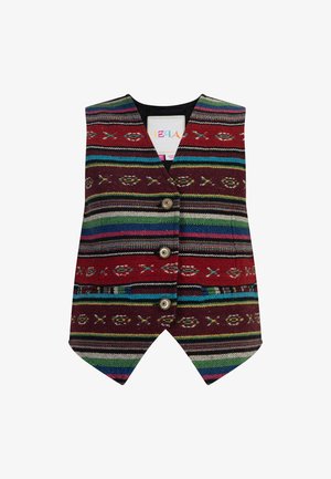 Többszínű mellény, amely szőtt mintázattal rendelkezik, piros, zöld, kék és sárga csíkokkal. V nyakkivágással, öt gombbal és hegyes aljjal rendelkezik.