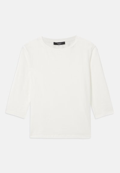 Long-sleeve white crewneck shirt with a straight hem, shown flat against a white background.