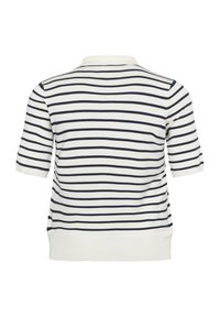 Koszula polo z krótkim rękawem, z granatowo-białymi poziomymi paskami, żebrowanym kołnierzykiem i dopasowanym wykończeniem. Wykonana z miękkiego materiału dzianinowego.